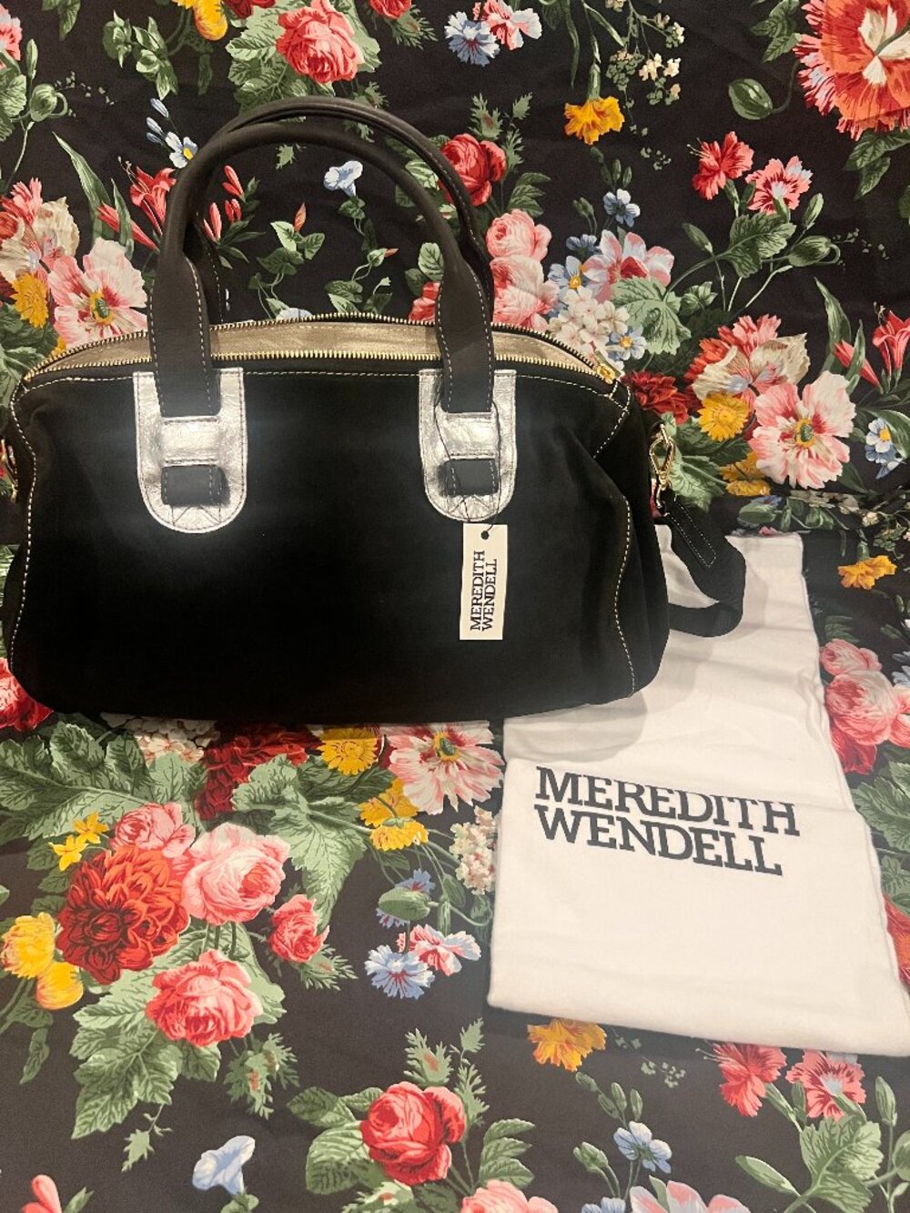 NWT Meredith Wendell Black Suede & Metallic Silver Leather Mini Duffel Satchel